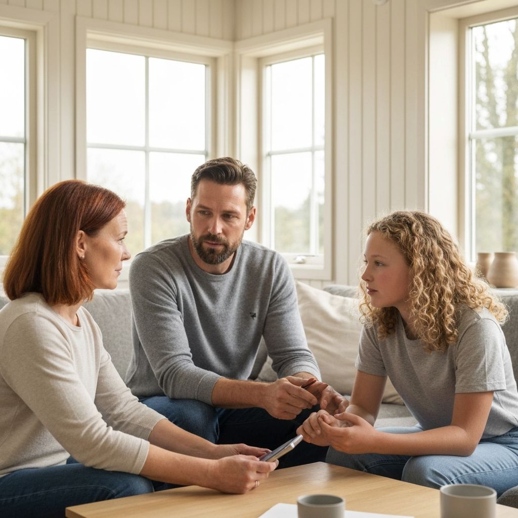 Familie som diskuterer skjermtidsregler