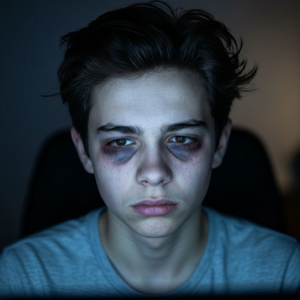 Ungdom med trøtte øyne foran skjerm