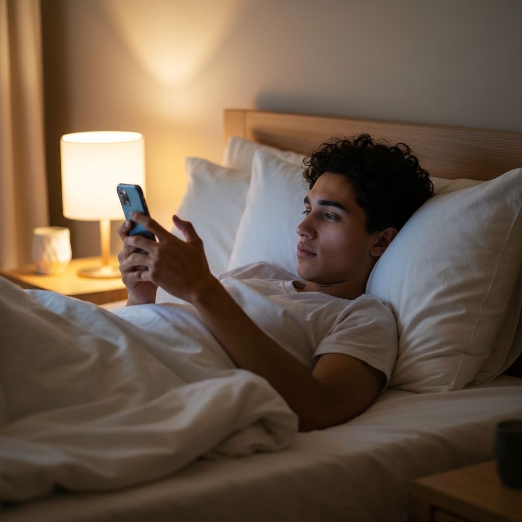 Person som ligger i sengen og scroller på telefonen sent på natten